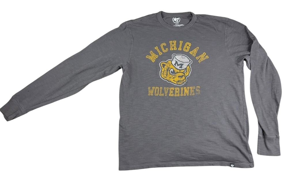 Michigan Wolverines ’47 Brand Mens L Long Sleeve Shirt Retro Mascot NCAA Gray